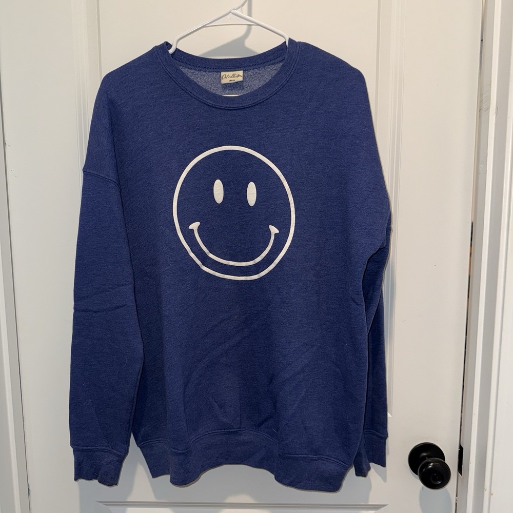 Oat Collective Sweatshirt Womens L Blue Smiley Face Graphic Crewneck Oversized